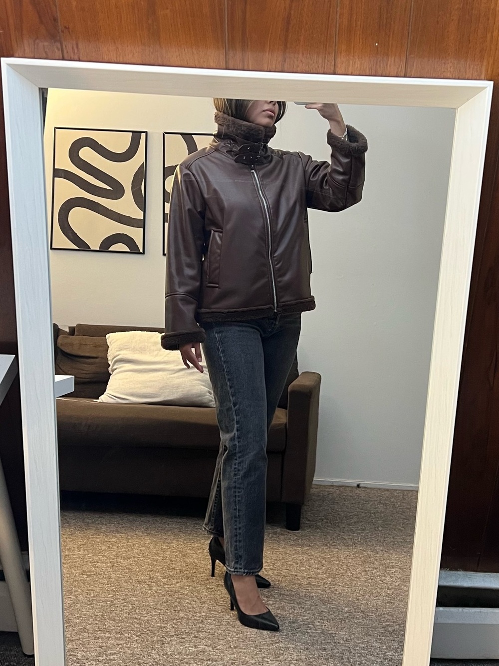 Funnel Neck Faux Leather Jacket - Brown